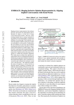 EMBRACE: Shaping Inclusive Opinion Representation by Aligning Implicit Conversations with Social Norms