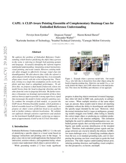 CAPE: A CLIP-Aware Pointing Ensemble of Complementary Heatmap Cues for Embodied Reference Understanding