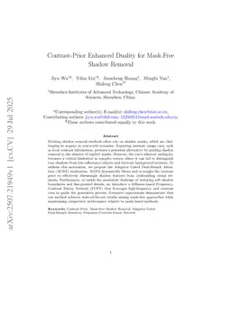 Contrast-Prior Enhanced Duality for Mask-Free Shadow Removal
