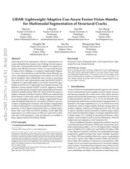 LIDAR: Lightweight Adaptive Cue-Aware Fusion Vision Mamba for Multimodal Segmentation of Structural Cracks
