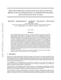 Resource-Efficient Adaptation of Large Language Models for Text Embeddings via Prompt Engineering and Contrastive Fine-tuning