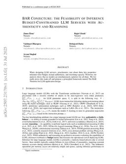 BAR Conjecture: the Feasibility of Inference Budget-Constrained LLM Services with Authenticity and Reasoning