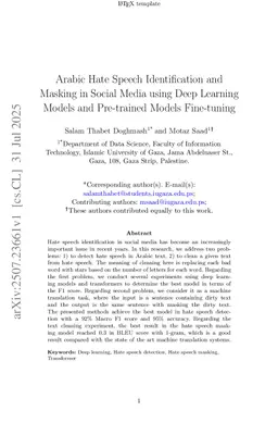 Arabic Hate Speech Identification and Masking in Social Media using Deep Learning Models and Pre-trained Models Fine-tuning