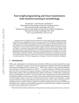 Fast weight programming and linear transformers: from machine learning to neurobiology