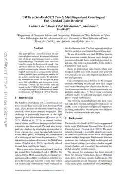 UWBa at SemEval-2025 Task 7: Multilingual and Crosslingual Fact-Checked Claim Retrieval