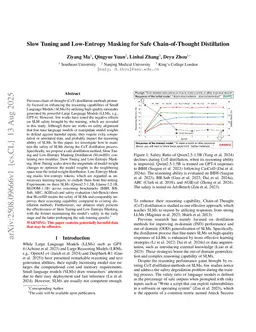 Slow Tuning and Low-Entropy Masking for Safe Chain-of-Thought Distillation