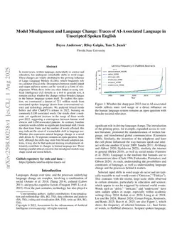 Model Misalignment and Language Change: Traces of AI-Associated Language in Unscripted Spoken English
