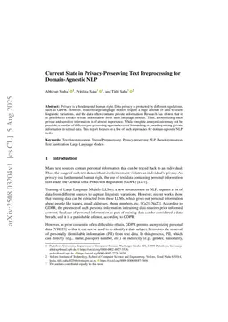Current State in Privacy-Preserving Text Preprocessing for Domain-Agnostic NLP