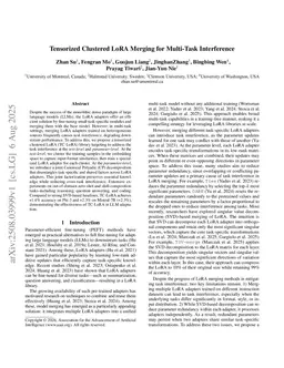 Tensorized Clustered LoRA Merging for Multi-Task Interference
