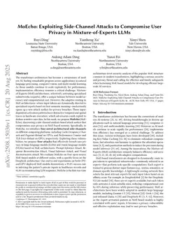 MoEcho: Exploiting Side-Channel Attacks to Compromise User Privacy in Mixture-of-Experts LLMs