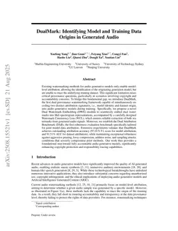 DualMark: Identifying Model and Training Data Origins in Generated Audio