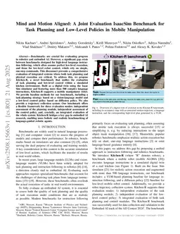 Mind and Motion Aligned: A Joint Evaluation IsaacSim Benchmark for Task Planning and Low-Level Policies in Mobile Manipulation