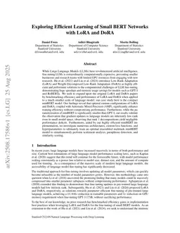 Exploring Efficient Learning of Small BERT Networks with LoRA and DoRA