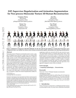 SAT: Supervisor Regularization and Animation Augmentation for Two-process Monocular Texture 3D Human Reconstruction