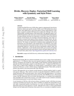 Divide, Discover, Deploy: Factorized Skill Learning with Symmetry and Style Priors