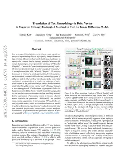 Translation of Text Embedding via Delta Vector to Suppress Strongly Entangled Content in Text-to-Image Diffusion Models