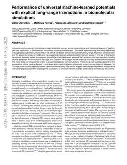 Performance of universal machine-learned potentials with explicit long-range interactions in biomolecular simulations