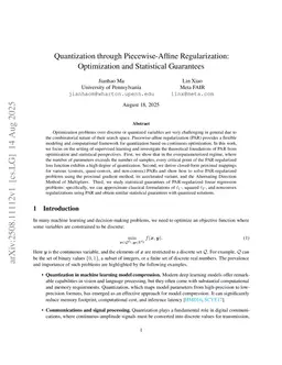 Quantization through Piecewise-Affine Regularization: Optimization and Statistical Guarantees