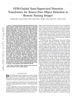 VFM-Guided Semi-Supervised Detection Transformer under Source-Free Constraints for Remote Sensing Object Detection