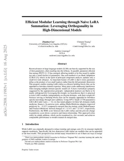 Efficient Modular Learning through Naive LoRA Summation: Leveraging Orthogonality in High-Dimensional Models