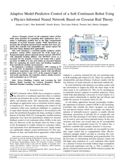 Adaptive Model-Predictive Control of a Soft Continuum Robot Using a Physics-Informed Neural Network Based on Cosserat Rod Theory