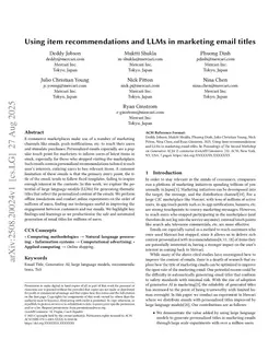 Using item recommendations and LLMs in marketing email titles