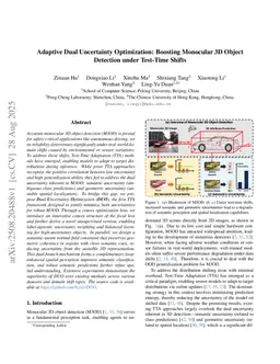 Adaptive Dual Uncertainty Optimization: Boosting Monocular 3D Object Detection under Test-Time Shifts