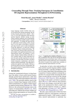 Crosscoding Through Time: Tracking Emergence & Consolidation Of Linguistic Representations Throughout LLM Pretraining