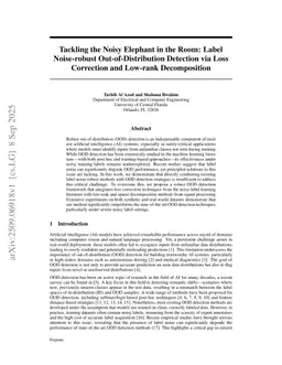 Tackling the Noisy Elephant in the Room: Label Noise-robust Out-of-Distribution Detection via Loss Correction and Low-rank Decomposition