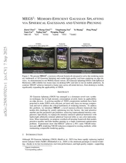 MEGS$^{2}$: Memory-Efficient Gaussian Splatting via Spherical Gaussians and Unified Pruning