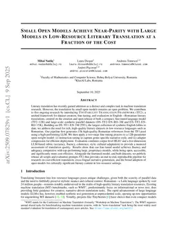 Small Open Models Achieve Near Parity with Large Models in Low Resource Literary Translation at a Fraction of the Cost