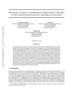 Maximally Useful and Minimally Redundant: The Key to Self Supervised Learning for Imbalanced Data