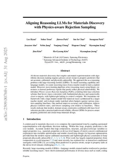 Aligning Reasoning LLMs for Materials Discovery with Physics-aware Rejection Sampling
