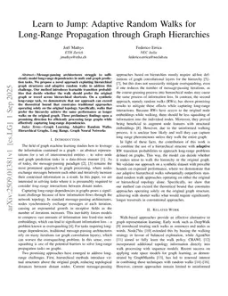 Learn to Jump: Adaptive Random Walks for Long-Range Propagation through Graph Hierarchies