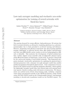 Low-rank surrogate modeling and stochastic zero-order optimization for training of neural networks with black-box layers