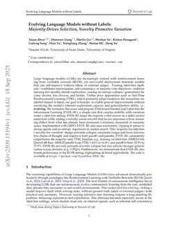 Evolving Language Models without Labels: Majority Drives Selection, Novelty Promotes Variation