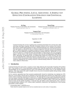 Global Pre-fixing, Local Adjusting: A Simple yet Effective Contrastive Strategy for Continual Learning