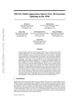 MS-GS: Multi-Appearance Sparse-View 3D Gaussian Splatting in the Wild