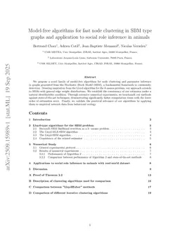 Model-free algorithms for fast node clustering in SBM type graphs and application to social role inference in animals