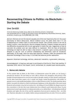 Reconnecting Citizens to Politics via Blockchain - Starting the Debate