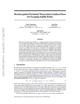 Hessian-guided Perturbed Wasserstein Gradient Flows for Escaping Saddle Points