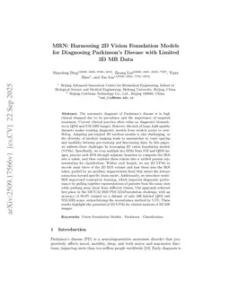 MRN: Harnessing 2D Vision Foundation Models for Diagnosing Parkinson's Disease with Limited 3D MR Data