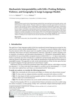 Mechanistic Interpretability with SAEs: Probing Religion, Violence, and Geography in Large Language Models