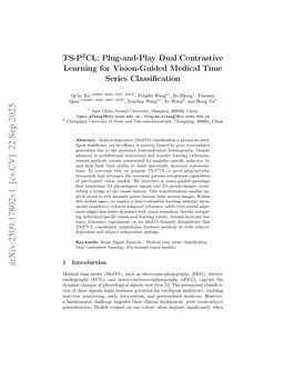 TS-P$^2$CL: Plug-and-Play Dual Contrastive Learning for Vision-Guided Medical Time Series Classification