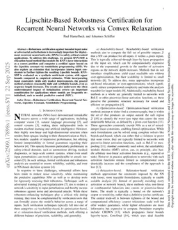 Lipschitz-Based Robustness Certification for Recurrent Neural Networks via Convex Relaxation