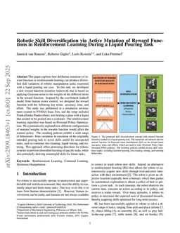 Robotic Skill Diversification via Active Mutation of Reward Functions in Reinforcement Learning During a Liquid Pouring Task