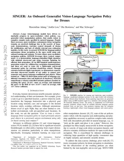 SINGER: An Onboard Generalist Vision-Language Navigation Policy for Drones