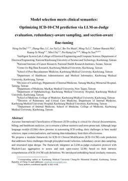 Model selection meets clinical semantics: Optimizing ICD-10-CM prediction via LLM-as-Judge evaluation, redundancy-aware sampling, and section-aware fine-tuning