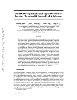 DevFD: Developmental Face Forgery Detection by Learning Shared and Orthogonal LoRA Subspaces
