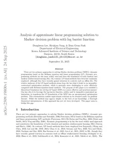 Analysis of approximate linear programming solution to Markov decision problem with log barrier function